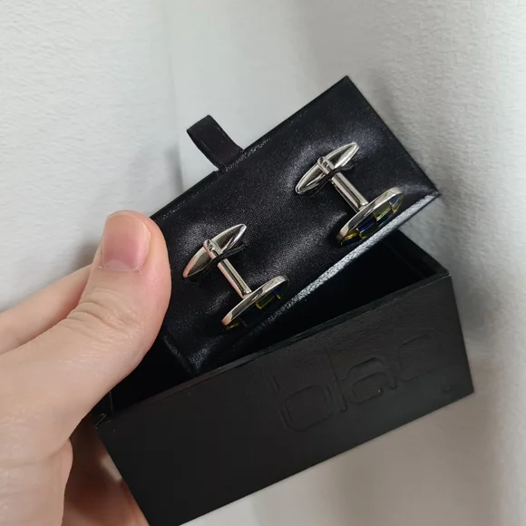 Blaq Mens Cuff Links Checked Cufflinks Silver Blue Yellow - Picture 5 of 7